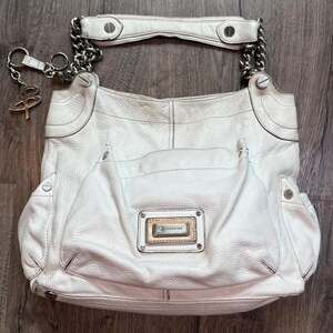 B. Makowsky White Leather Shoulder Bag with Chain Strap